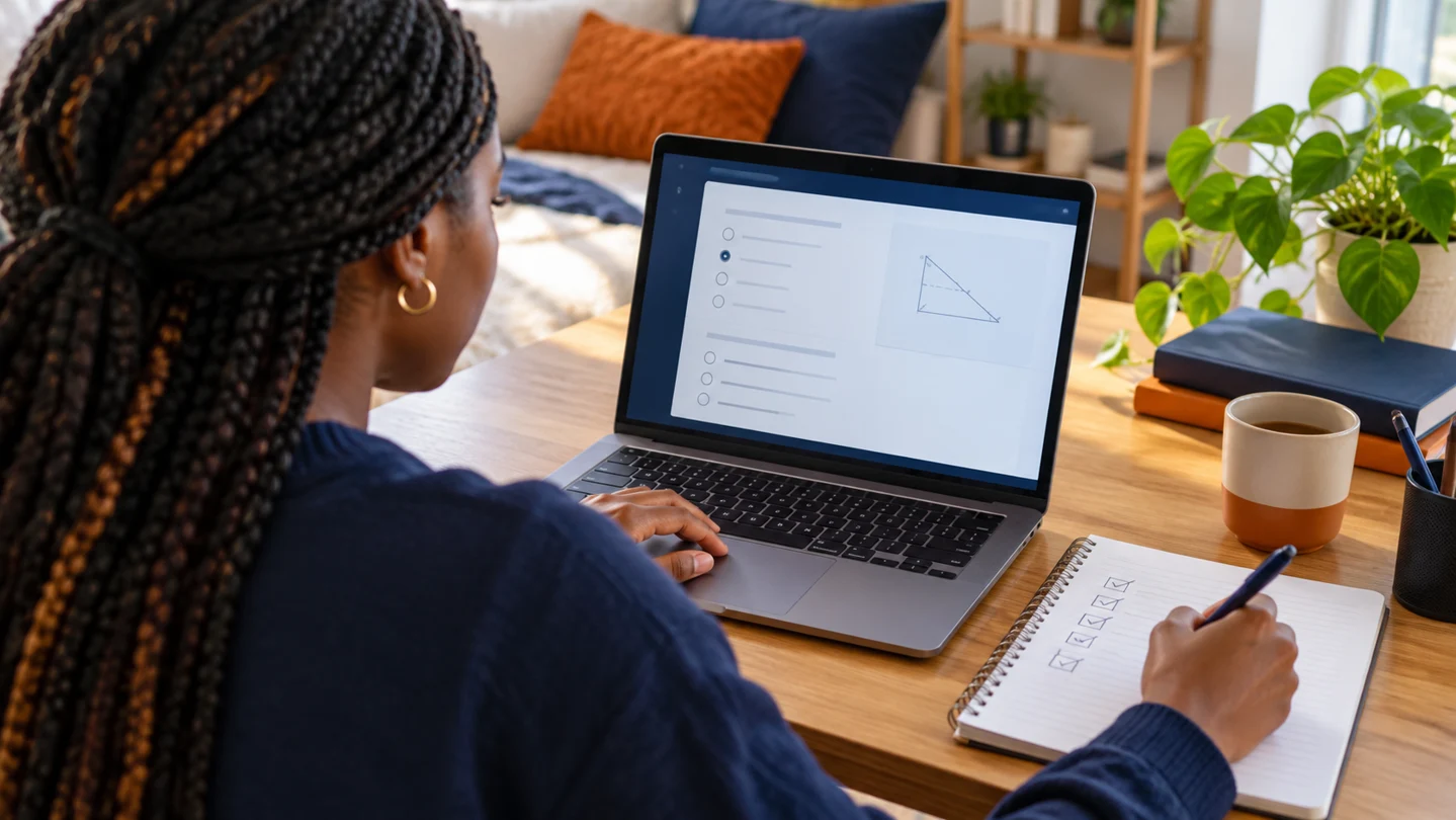 A learner completing an online exercise beside a notebook checklist