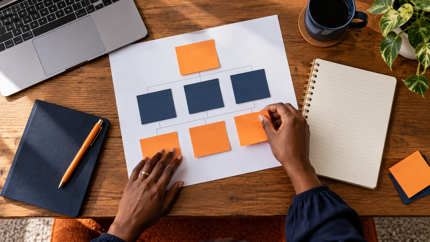 An instructor organizing a course outline with orange and navy notes
