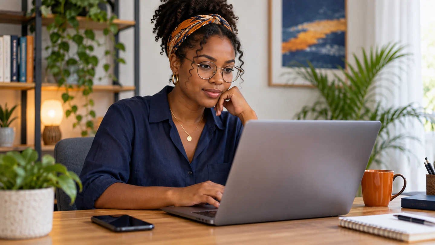 A learner reviewing her online account on a laptop with a phone nearby
