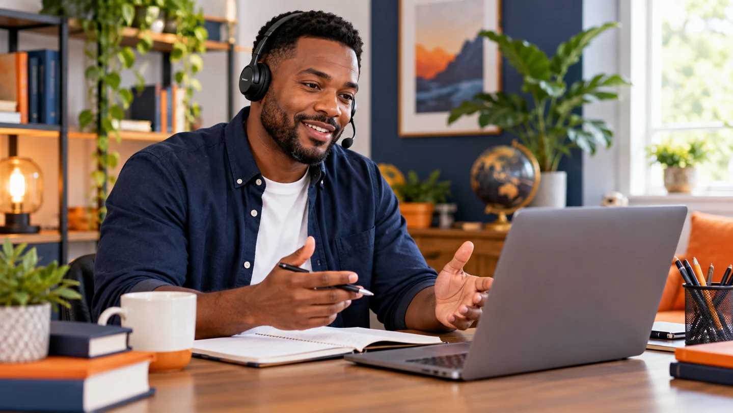 An instructor using a headset to support online learners