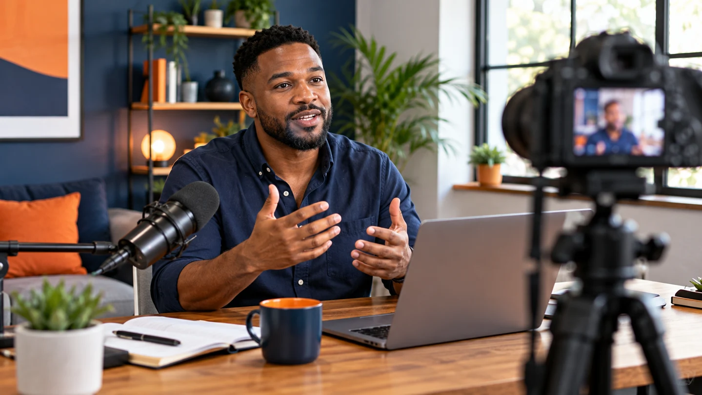 An instructor recording an online course with a camera and microphone