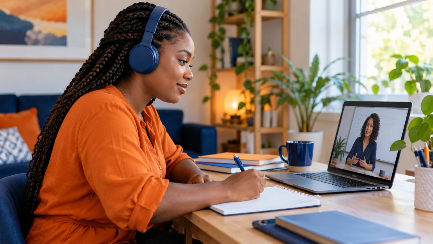 A student watching an online lesson with headphones and taking notes